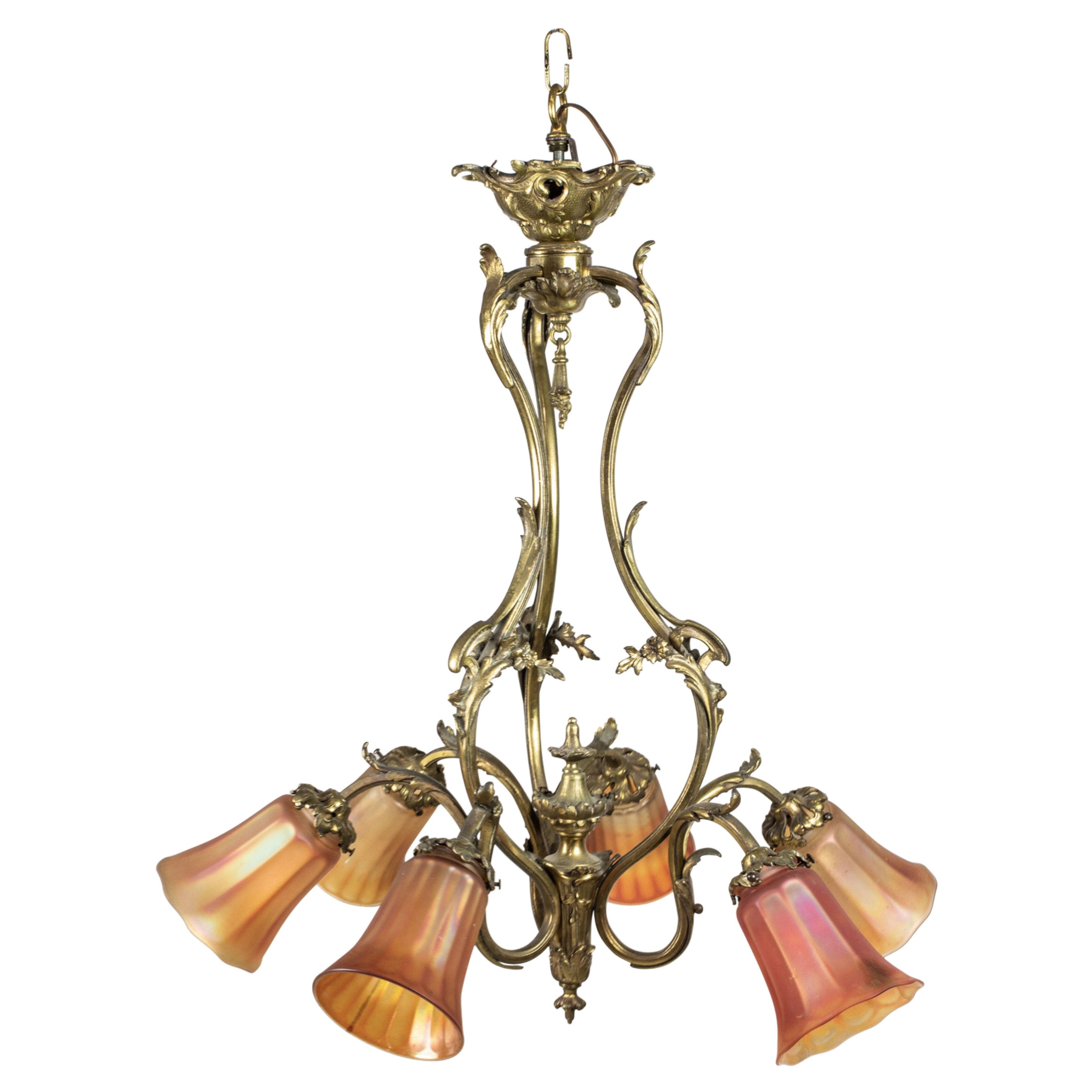 American Art Nouveau Bronze 6-Arm Chandelier with Carnival Glass Globes