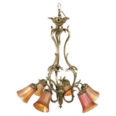 American Art Nouveau Bronze 6-Arm Chandelier with Carnival Glass Globes