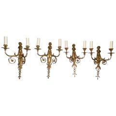 Set of Four French Gilt Bronze Dore Two Branch Cherub Wall Sconces
