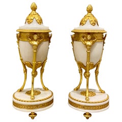 Fine Pair of Louis XVI Winged Sphinx Gilt-Bronze and white Marble Cassolettes
