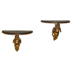 Pair French 19th C Bronze Dore Marble Cherub Wall Mounting Console Tables