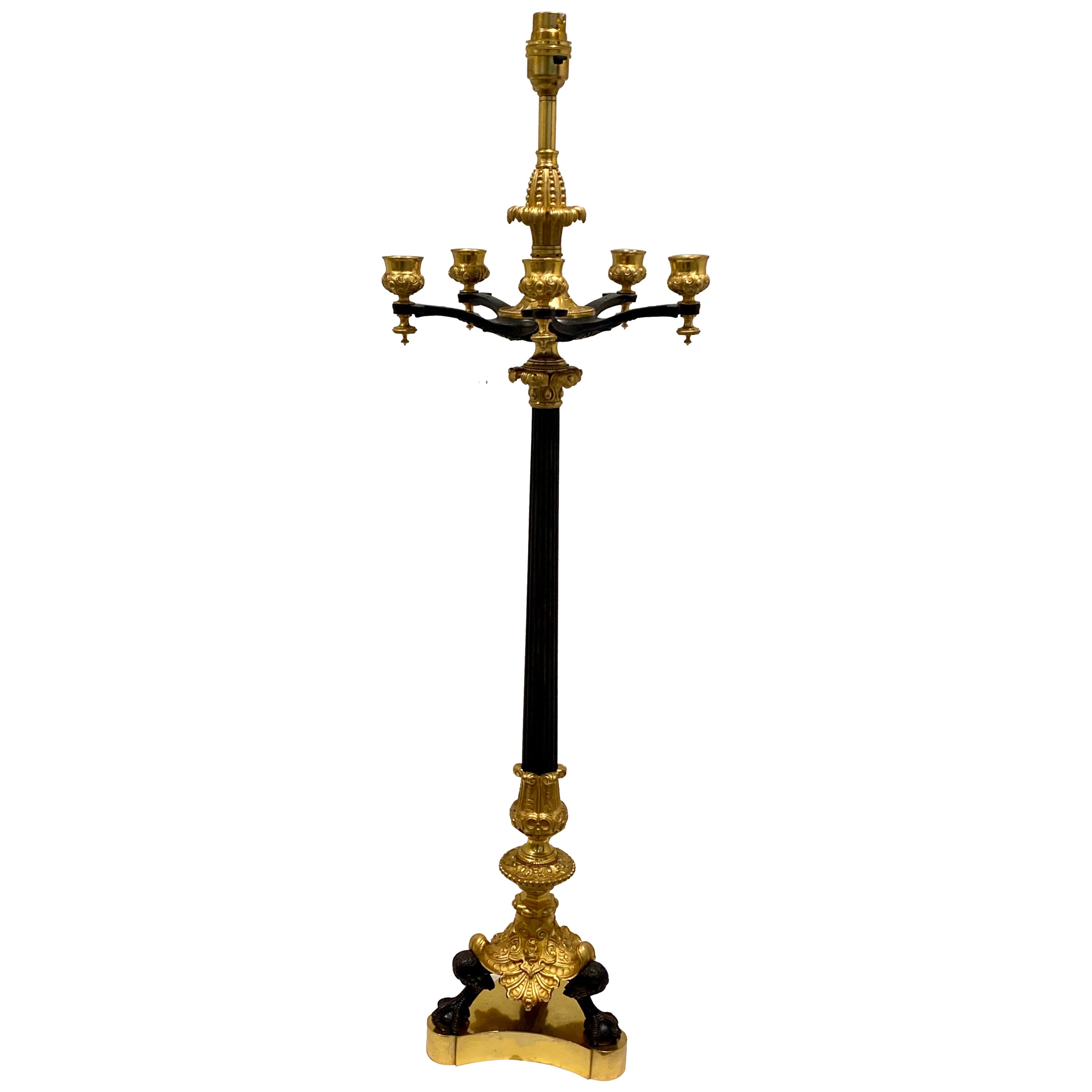 Pair of French Empire Parcel-Gilt-Bronze Candelabra Lamps For Sale
