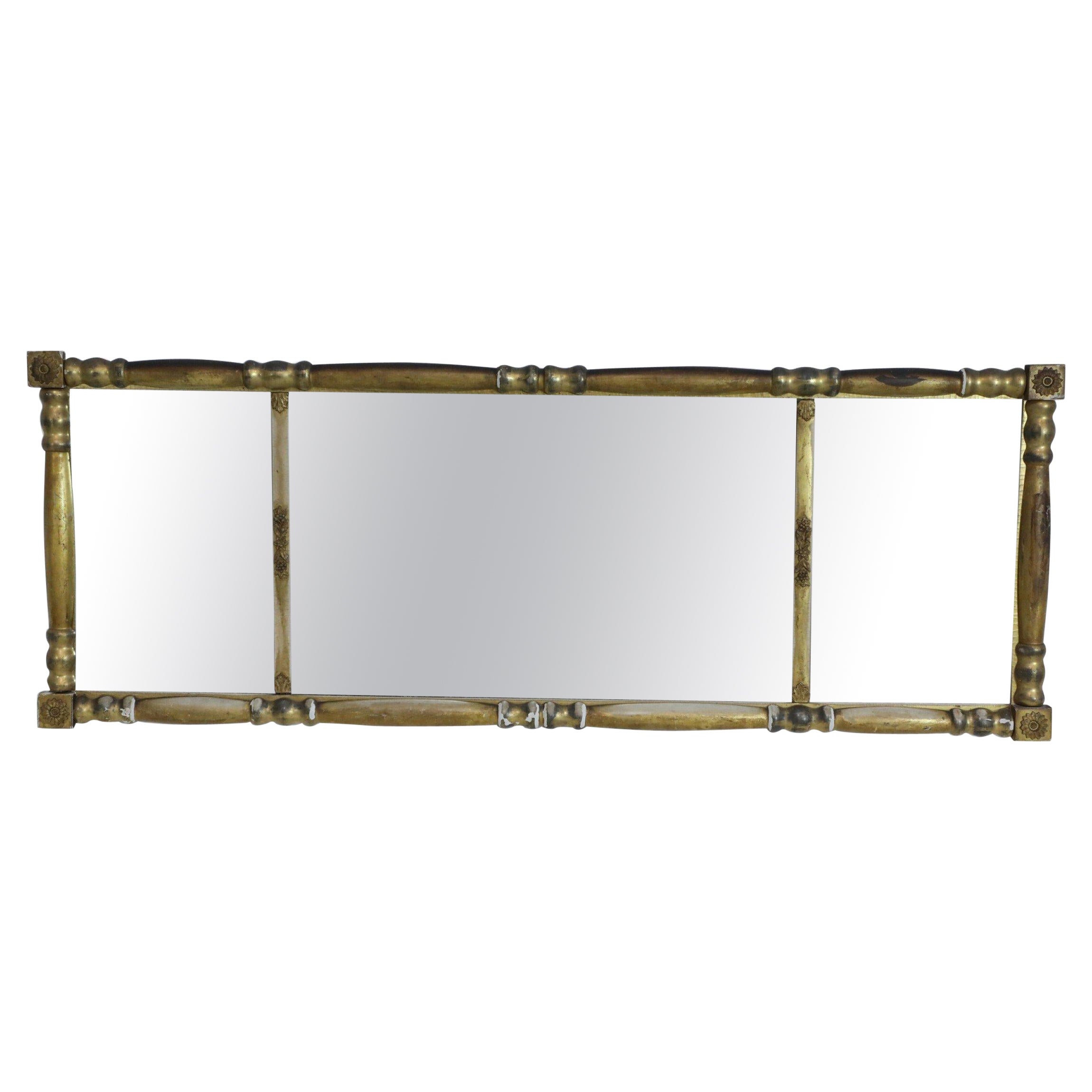 American Empire Column Form 3 Section Giltwood Overmantel Wall Mirror For Sale