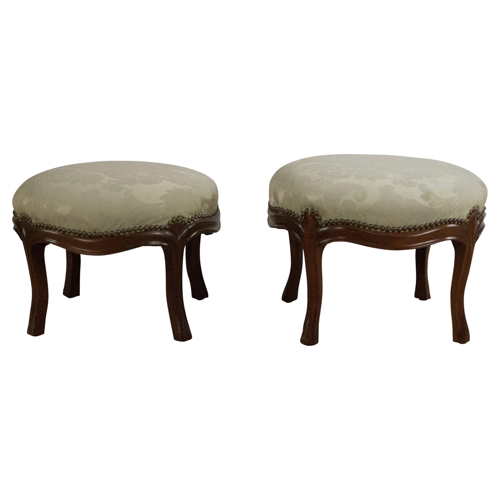 Pair of American Victorian Walnut and Pale Green Damask Footstools