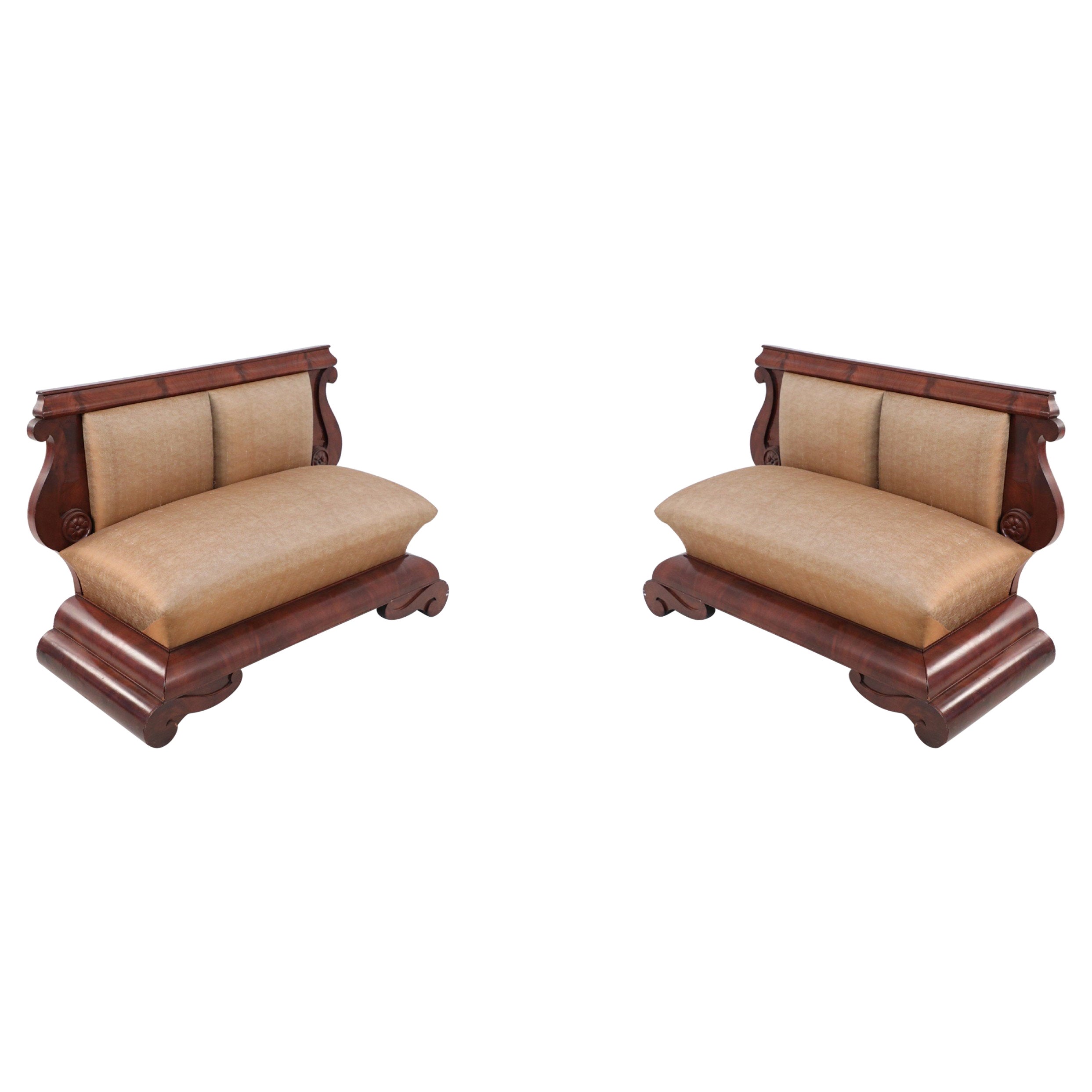 Pair of American Empire Crotch Mahogany Veneer Upholstered Window Seats