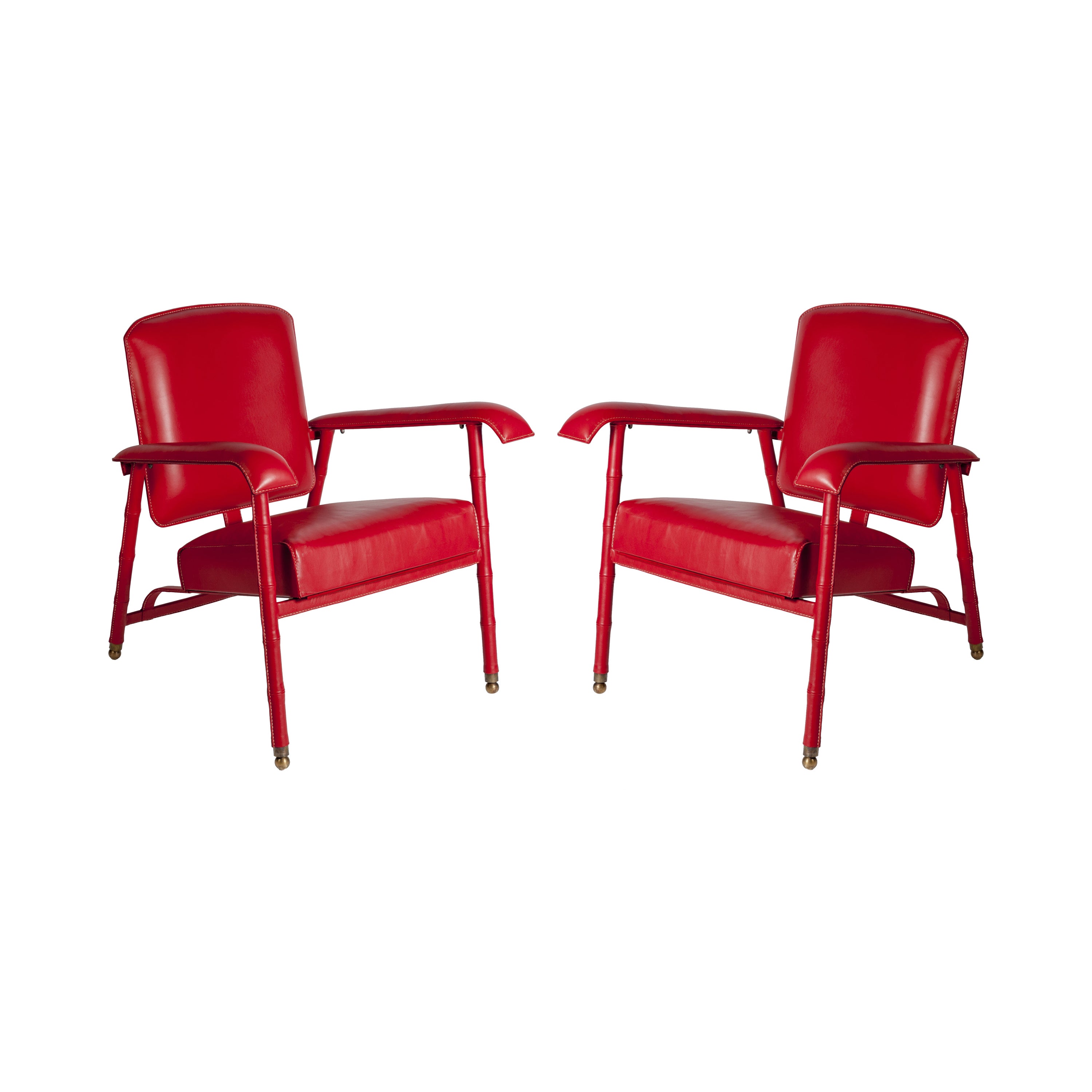 Pair of 1950's Stitched Leather Armchairs by Jacques Adnet