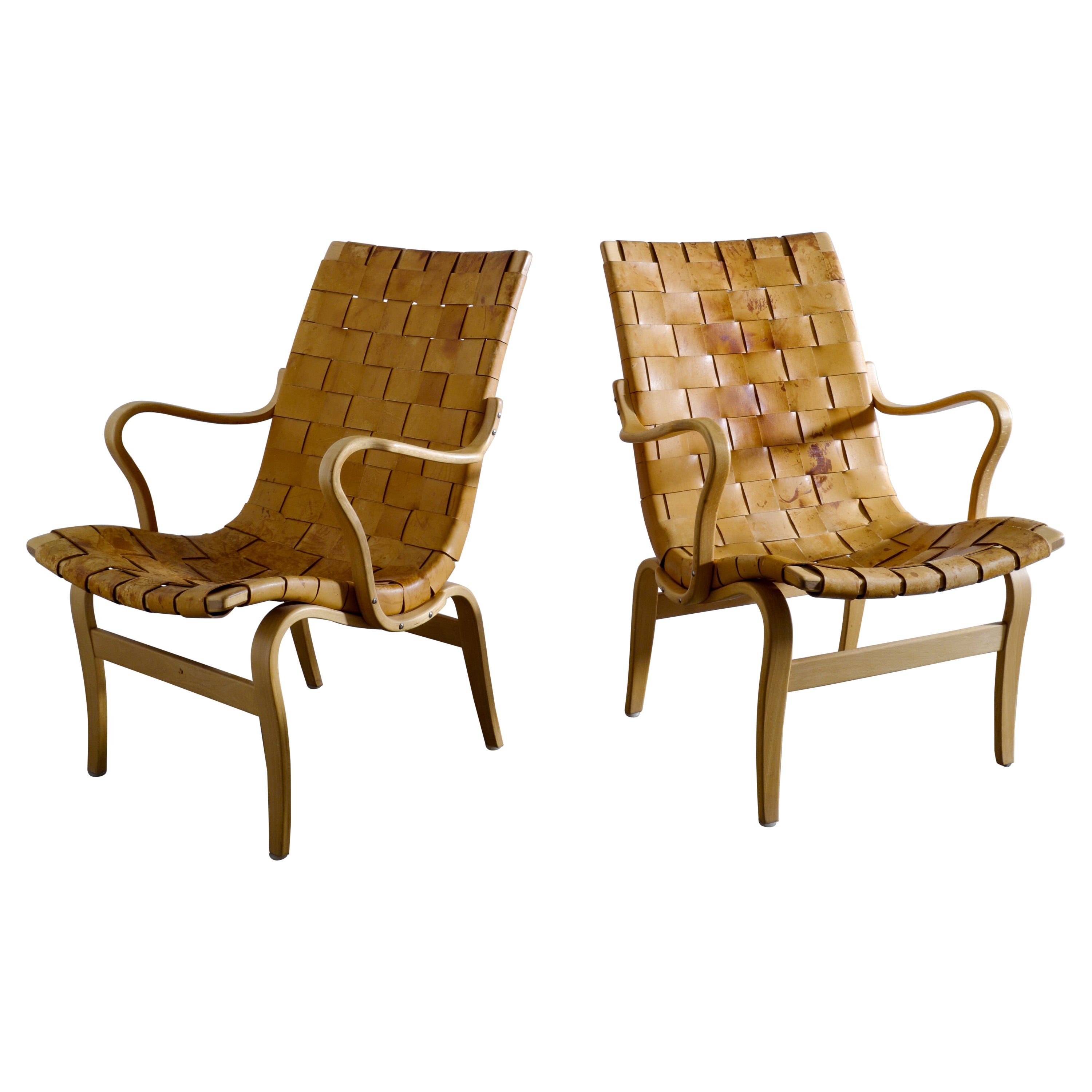 Pair of Bruno Mathsson "Eva" Easy Chairs in Brown Original Leather, Sweden 1970s