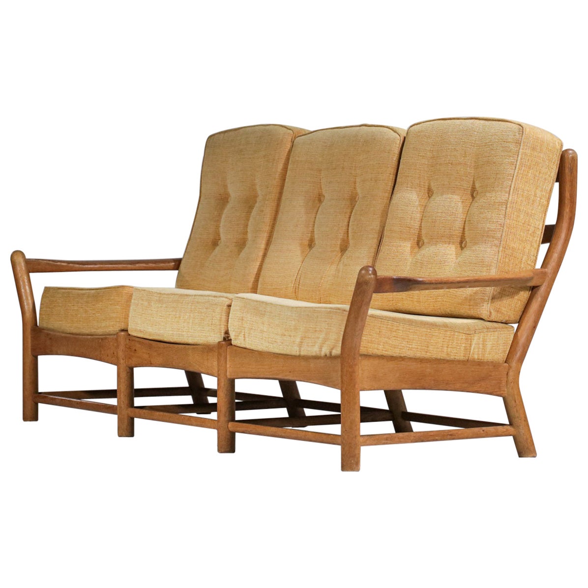Three-Seater Sofa Guillerme et Chambron Solid Oak 60's F175