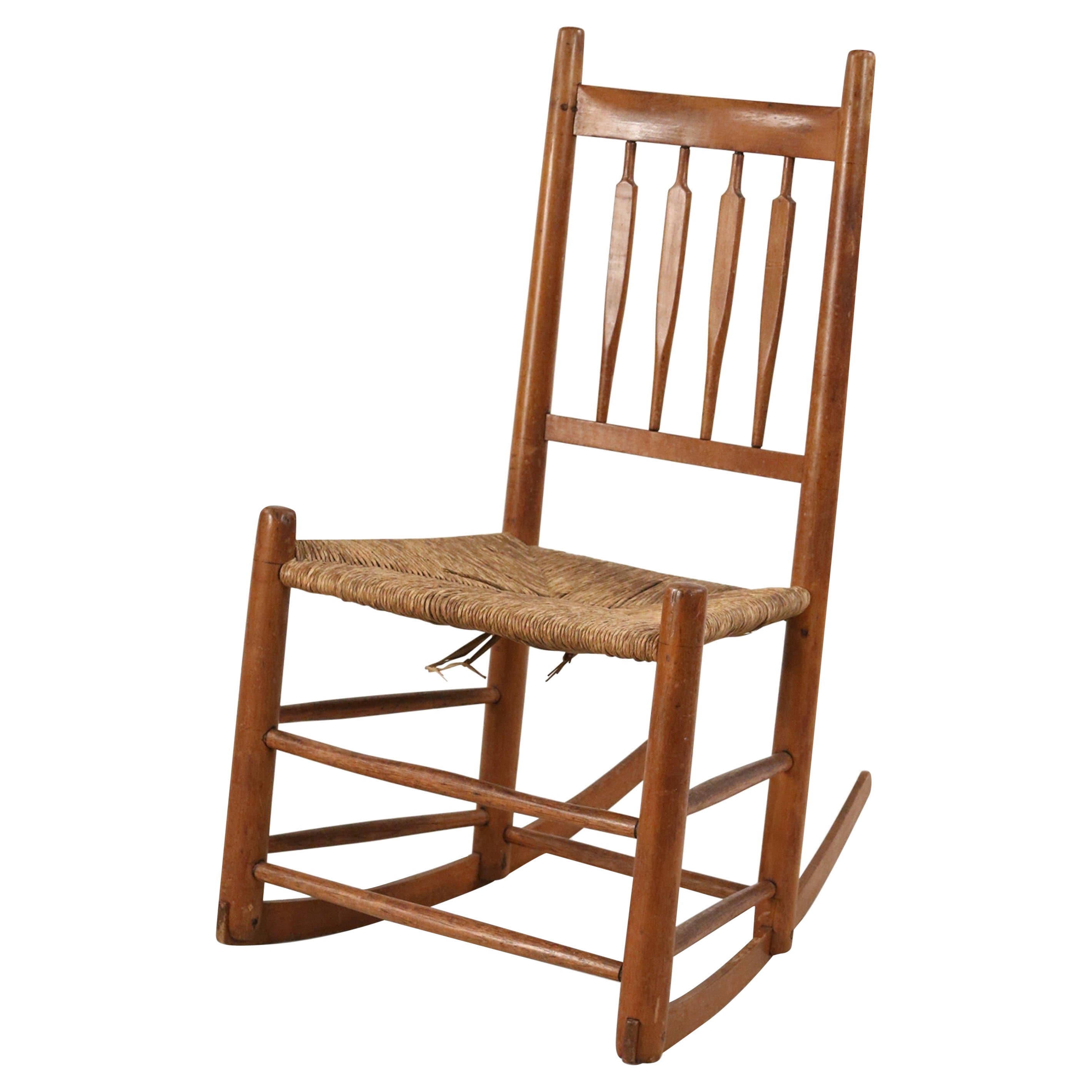 American Country Rustic Pine and Rush Rocking Chair For Sale