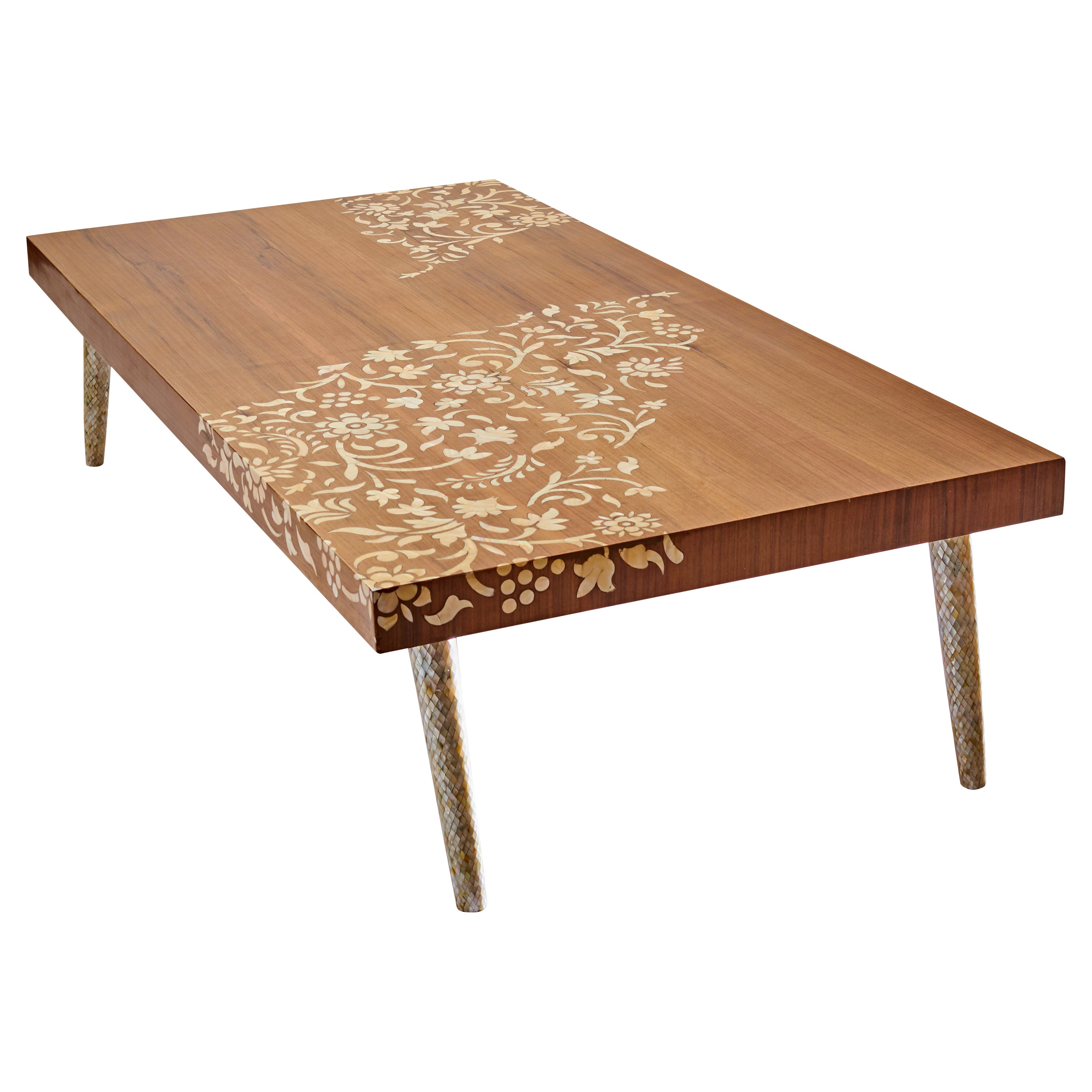 Walnut Coffee Table with Handcrafted Mother-of-Pearl Flower Inlay and Legs