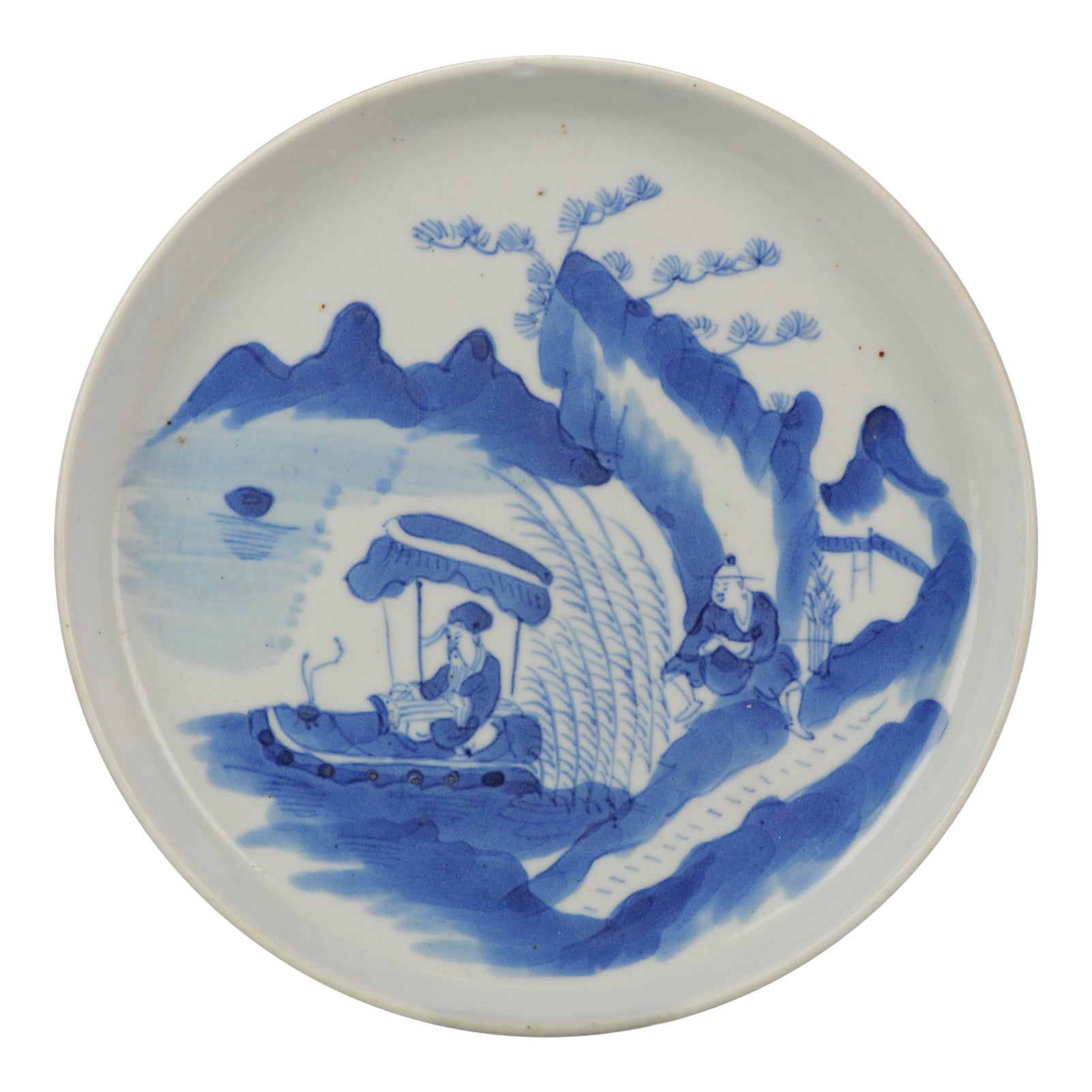 Ancienne plaque de porcelaine chinoise du 19ème siècle, Bleu de Hue, marché vietnamien