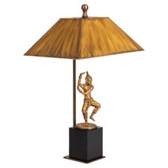 Seltene asiatische Tänzer-Tischlampe Braun-Schwarz-Goldfarben Myanmar Anfang des 20. Jahrhunderts