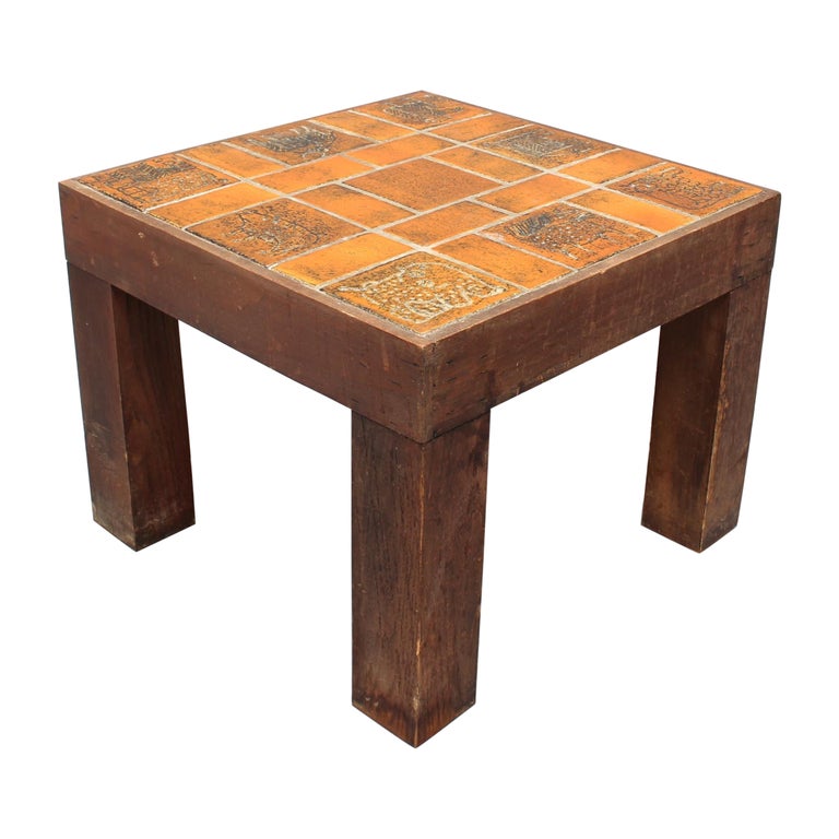 Vintage French Square Side Table with Ceramic Tile Top by Jacques Blin, c.  1950s For Sale at 1stDibs