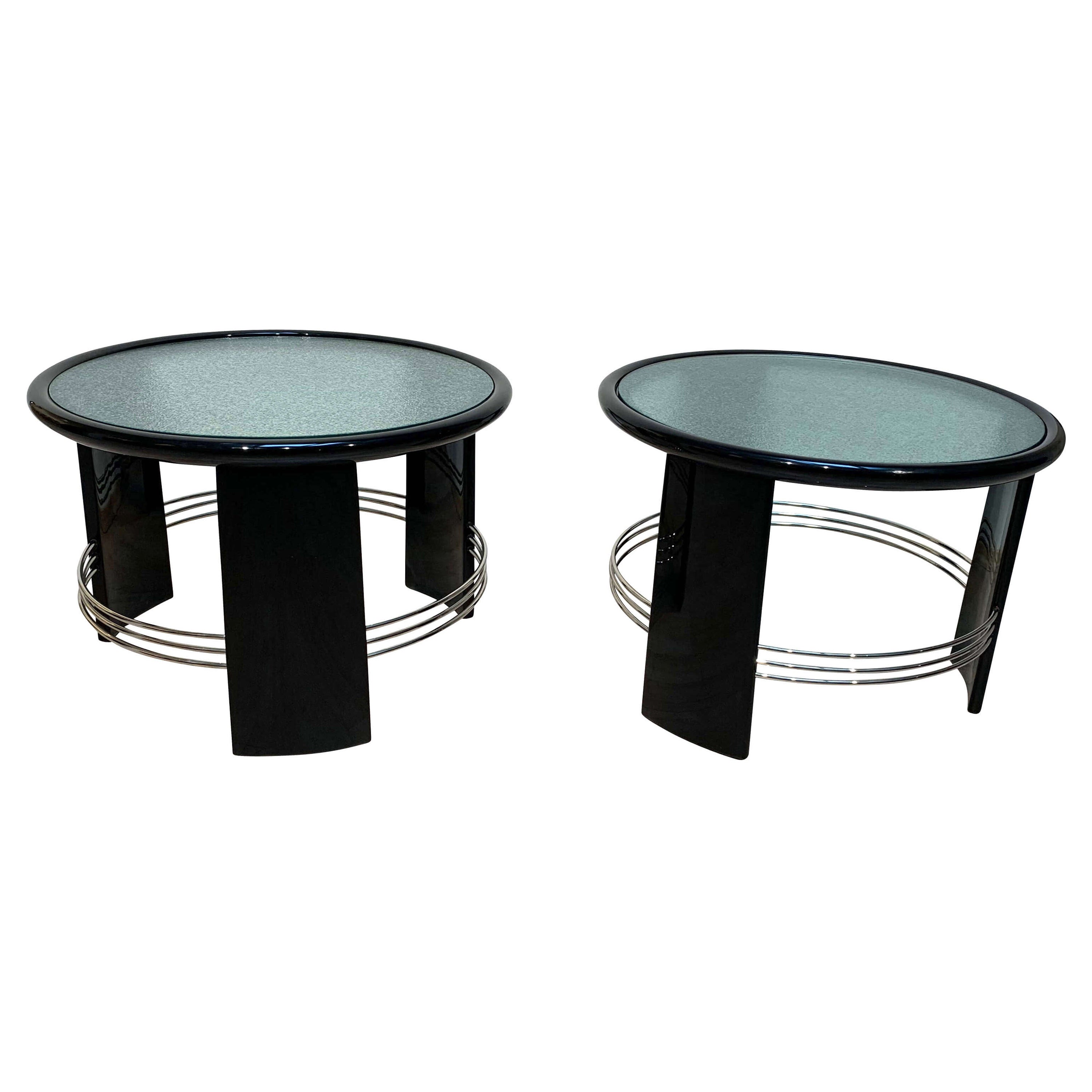 Pair of Art Deco Side or Sofa Tables, Black Lacquer, Nickel, France circa 1930