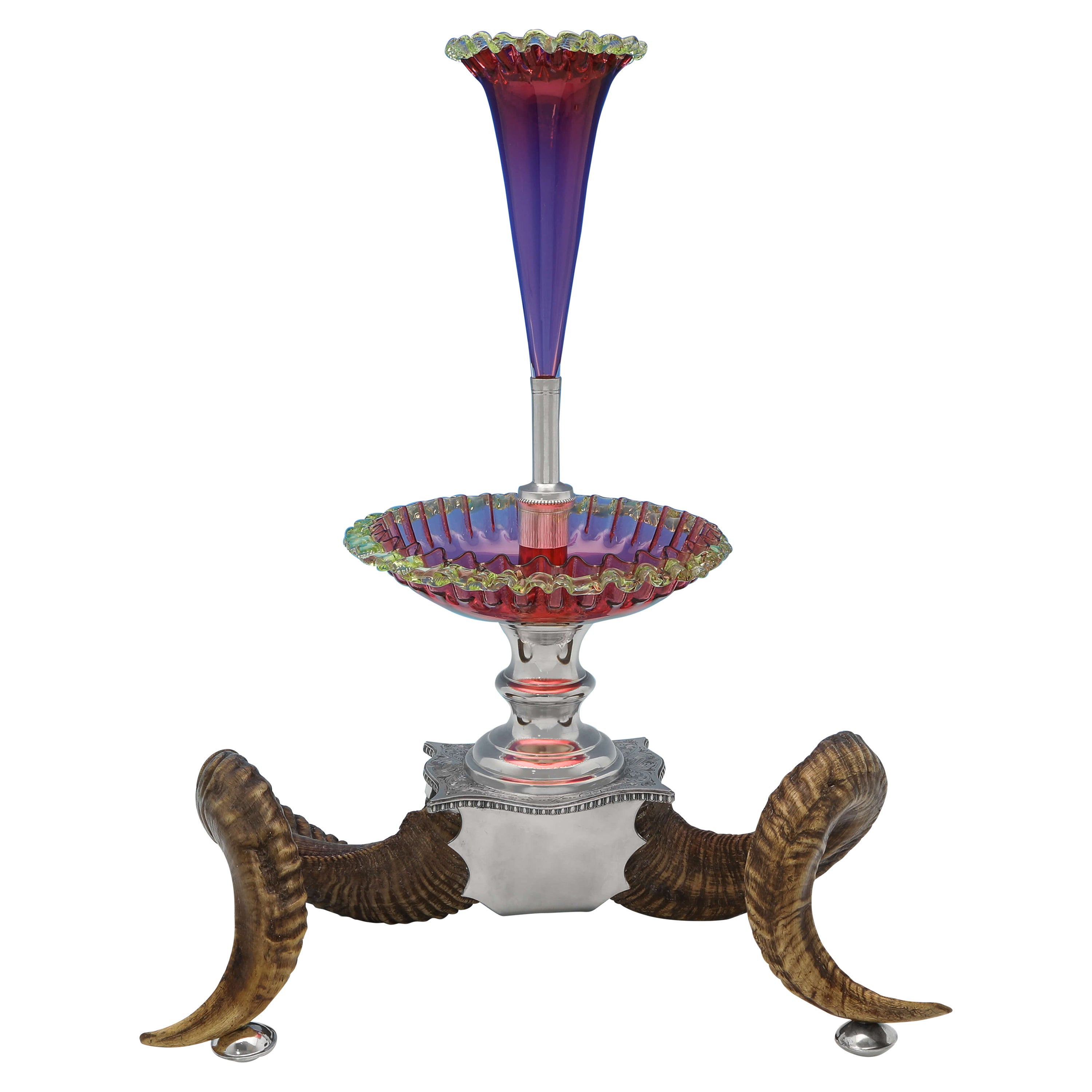 Victorian Antique Centrepiece Vase, Ram Horn, Glass & Silverplate, Circa 1880 For Sale