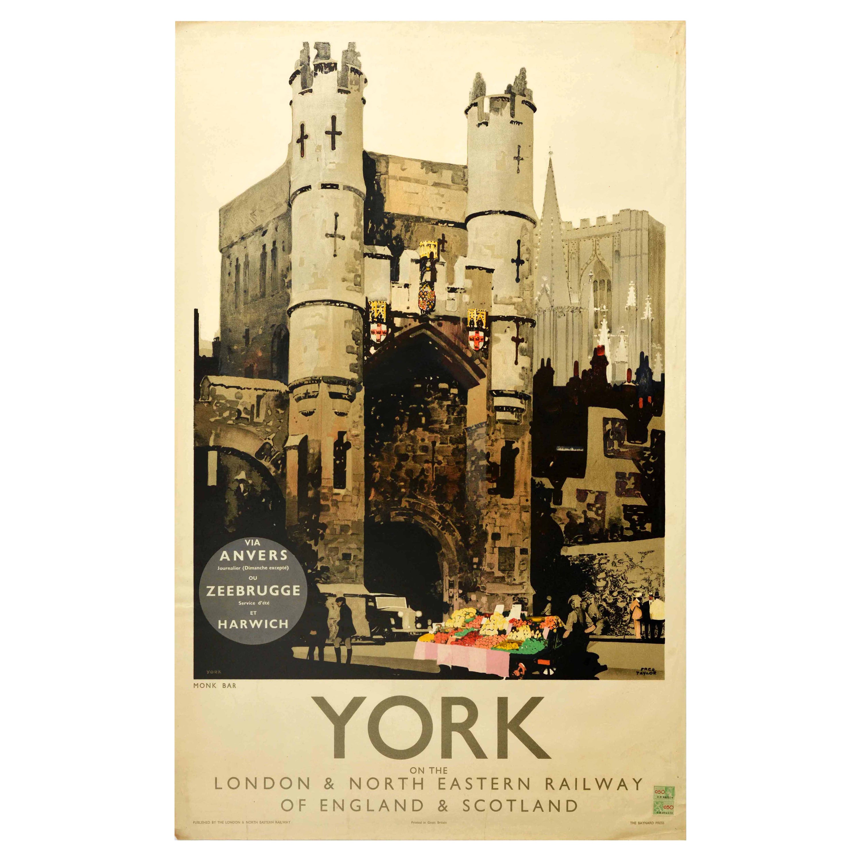 Original Vintage Poster York LNER Railway England & Scotland Monk Bar Gatehouse