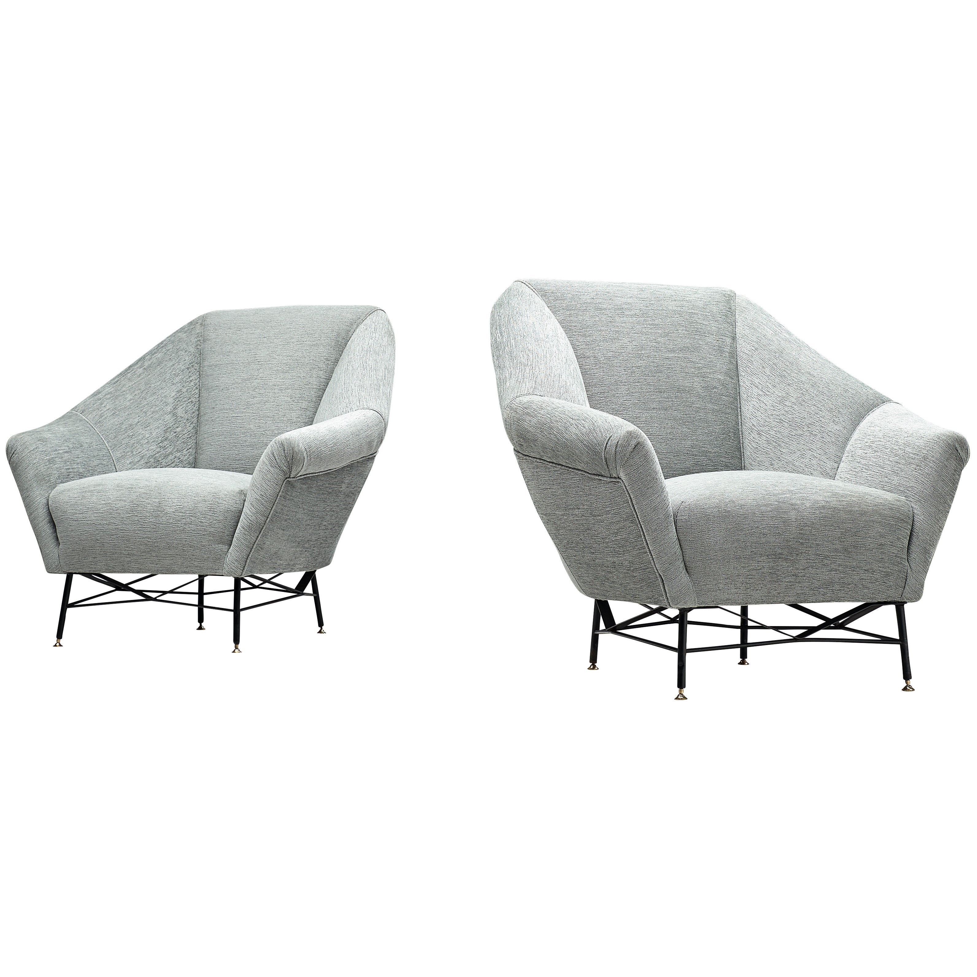 Pair of Italian Lounge Chair in Blue-Grey Fabric