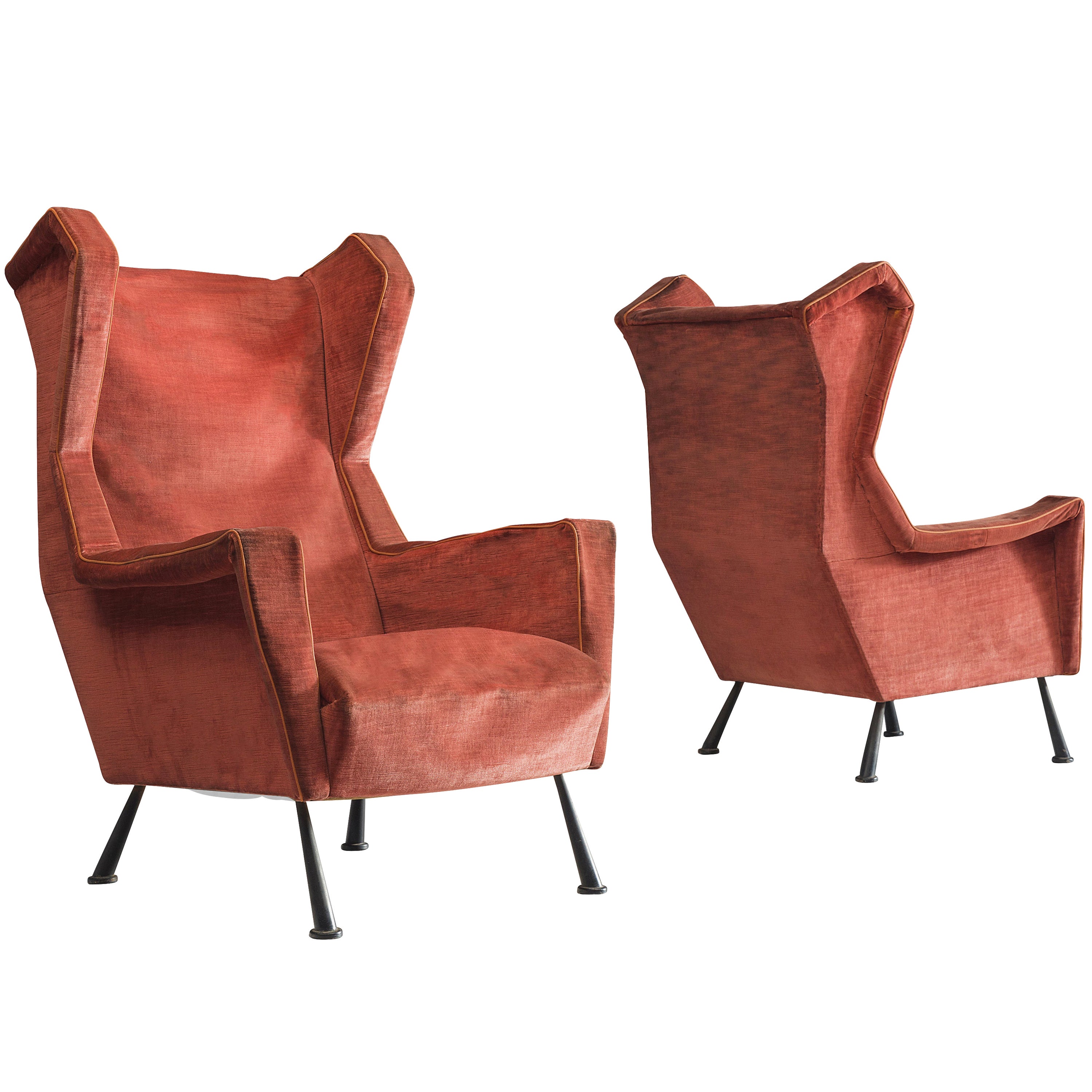 Italian Pair of Angular Lounge Chairs in Bordeaux Velvet