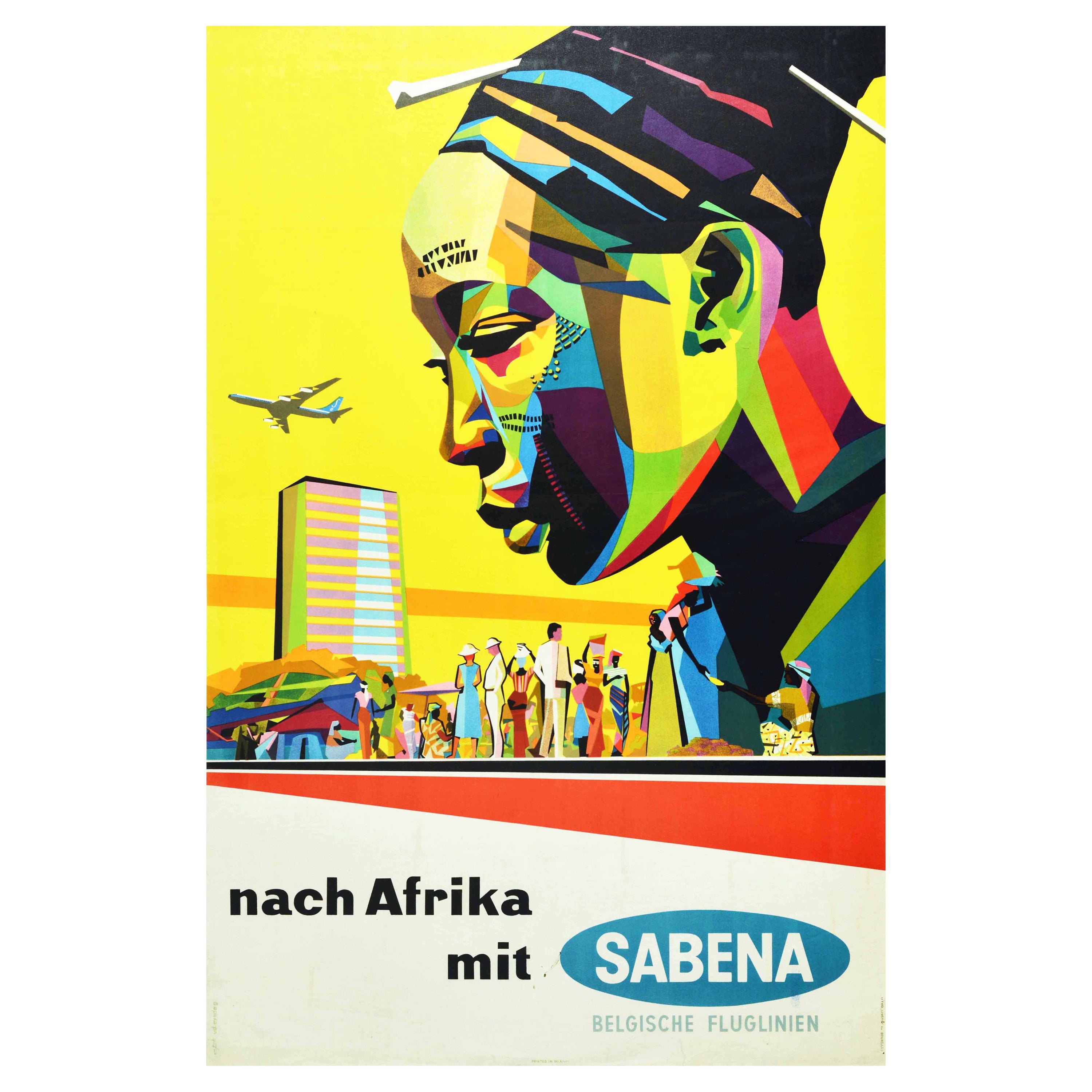 Original Vintage Travel Poster Africa Sabena Airlines Midcentury Modern Design For Sale