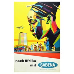 Original Vintage Travel Poster Africa Sabena Airlines Midcentury Modern Design