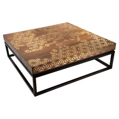 Walnut Coffee Table with Handcrafted Brass Inlay and Black Lacquered Legs