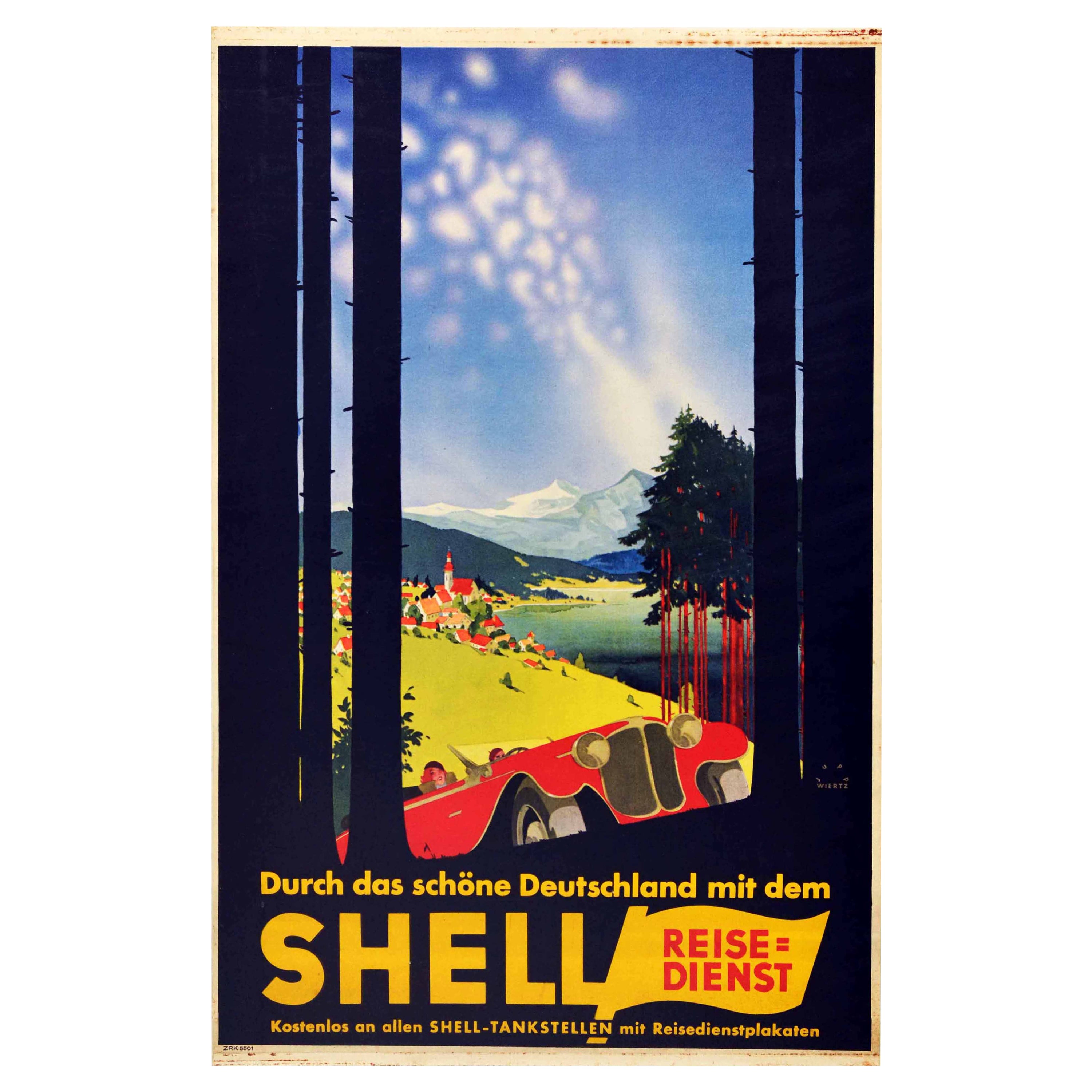 Affiche rétro originale Shell Allemagne, Voyage, Voiture de montagne classique, Voiture de voiture en vente