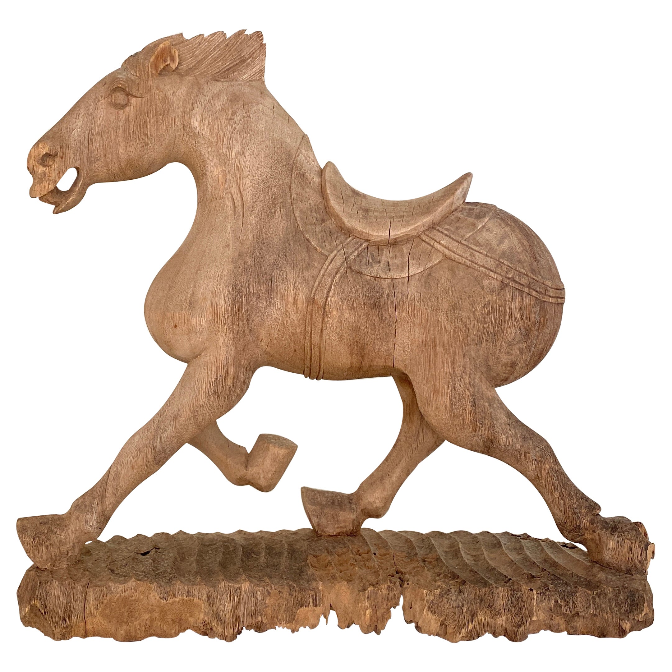 Late 19th Century Wabi Sabi Chinese Carved Wooden Tang Horse, Around 1870