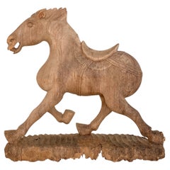 Antique Late 19th Century Wabi Sabi Chinese Carved Wooden Tang Horse, Around 1870