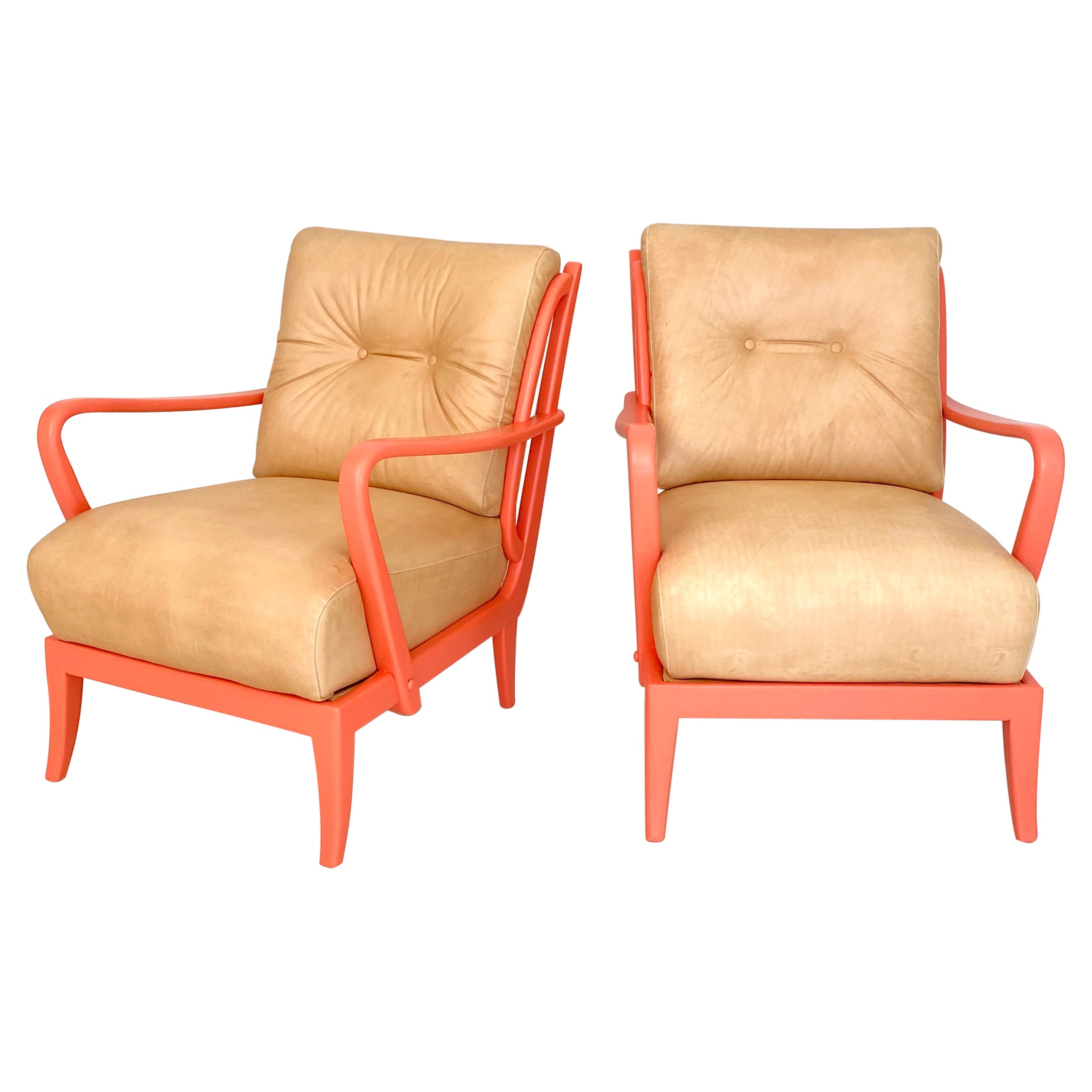 Pair of Italian Mid Century Lounge Chairs in Coral Color and Beige Leather, 1950