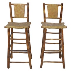 Antique Set of 4 American Rustic Old Hickory and Willow Bar Stools