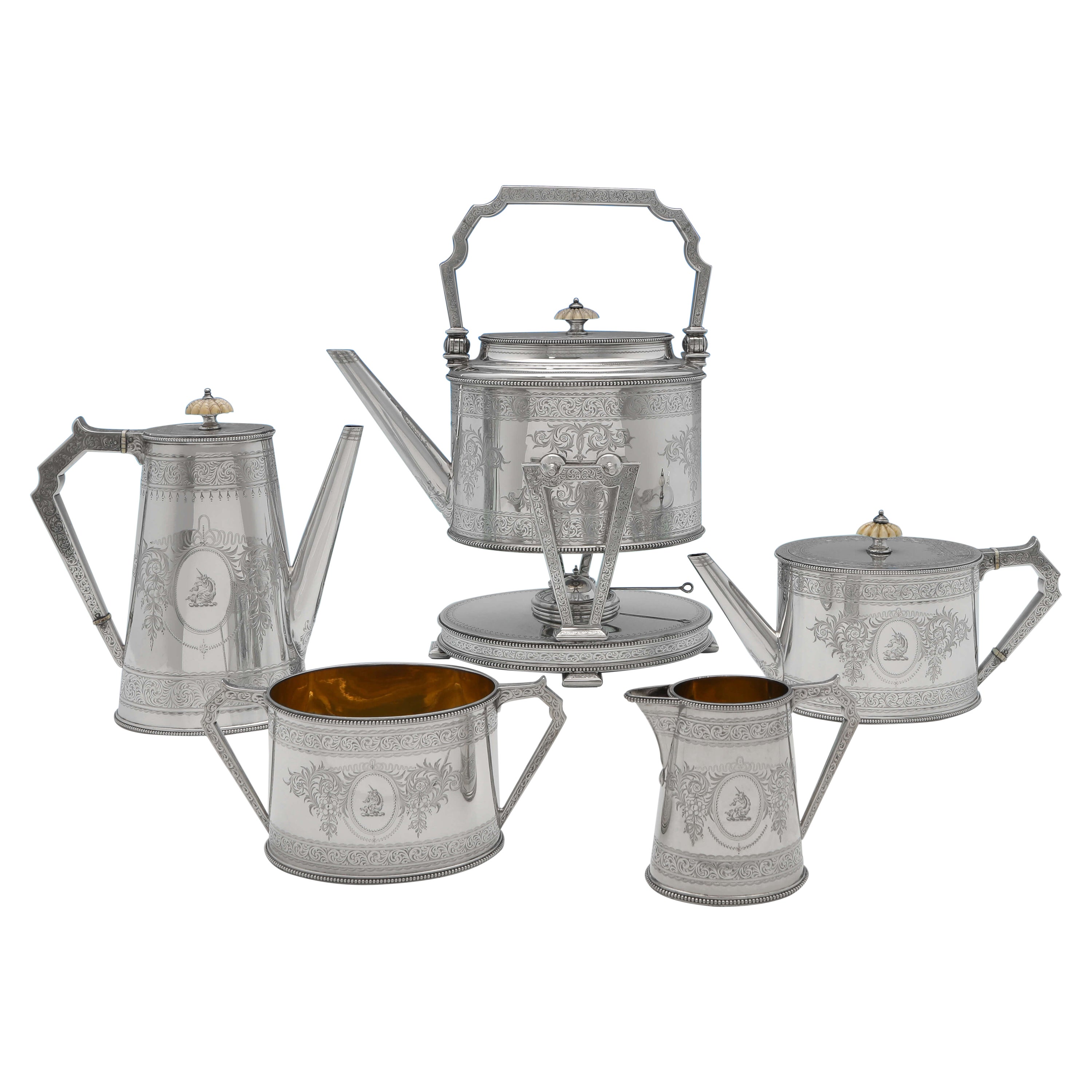 Victorian Sterling Silver 'Can Shape' 5 Piece Tea & Coffee Set, Elkington 1873
