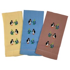 Mid-Century Hand Embroidered Penguin Linen Guest Hand Towels, S/3