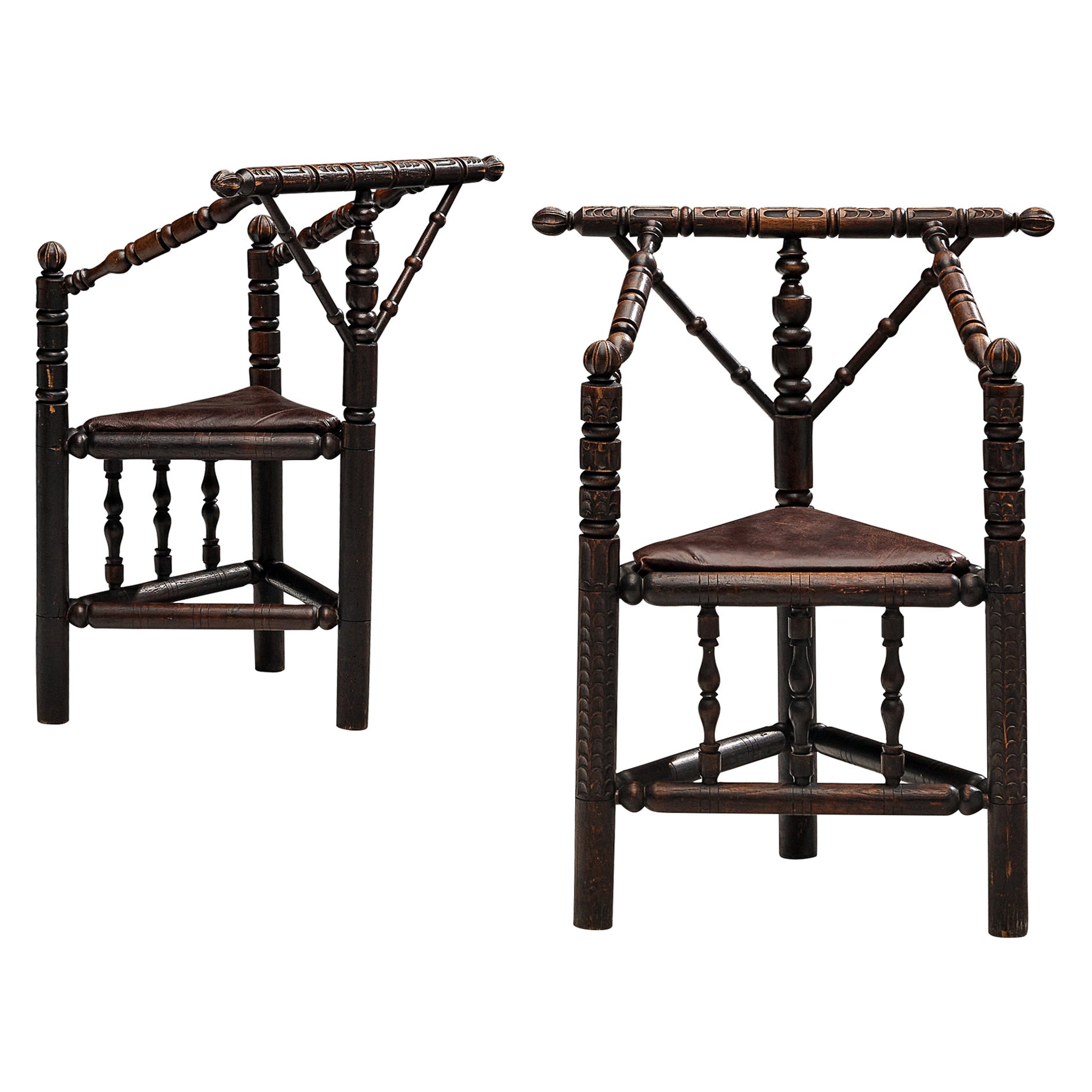 Pair of Carved Swedish Monk Chairs in Solid Oak For Sale
