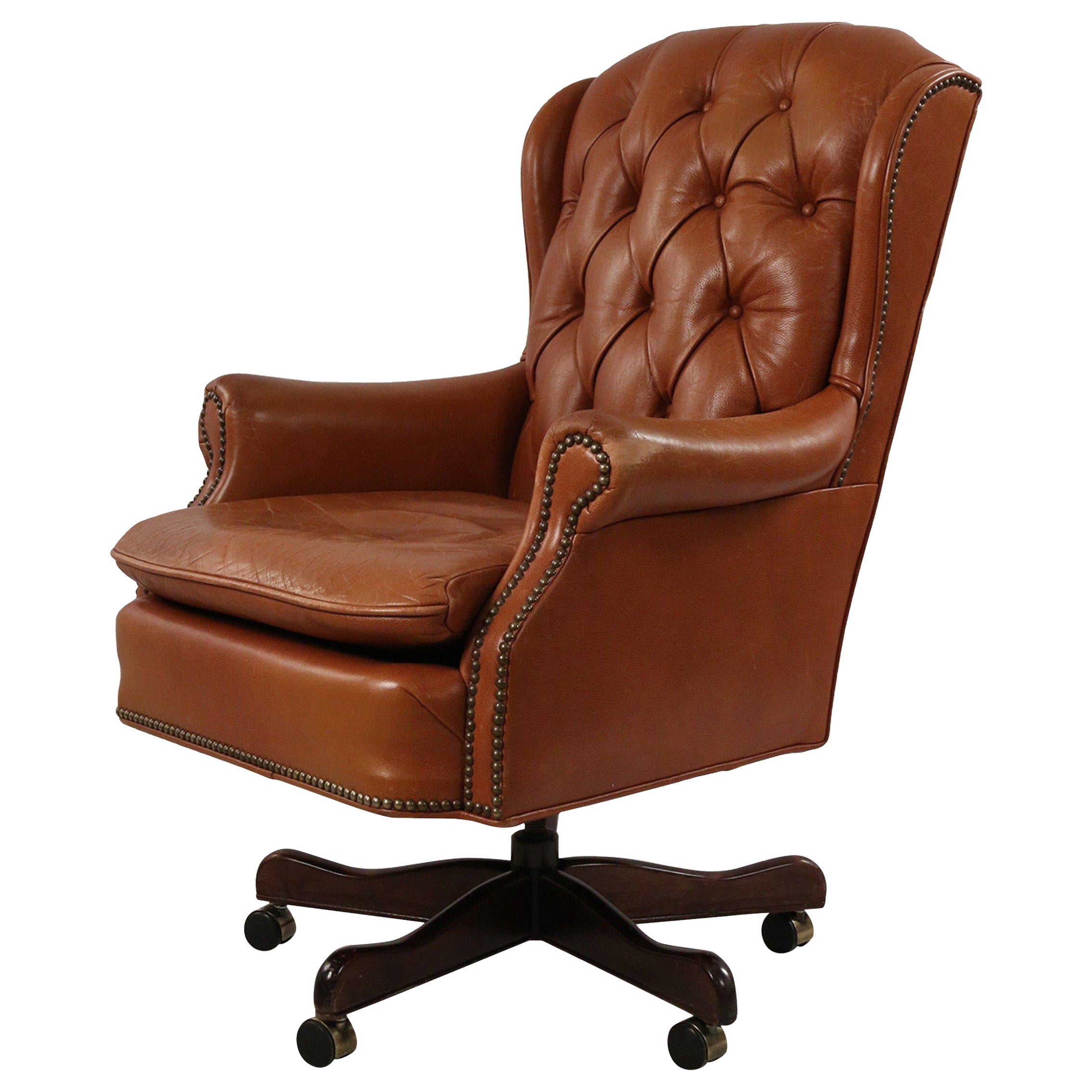 Mid-Century American Brown Tufted Leather Swivel Office / Armchair For Sale