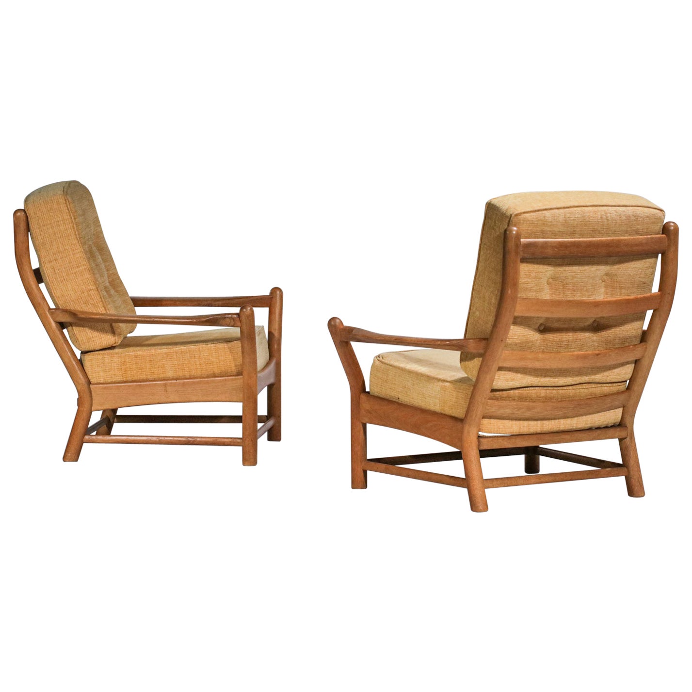 Pair Solid Oak Armchairs Attributes of Guillerme and Chambron F174
