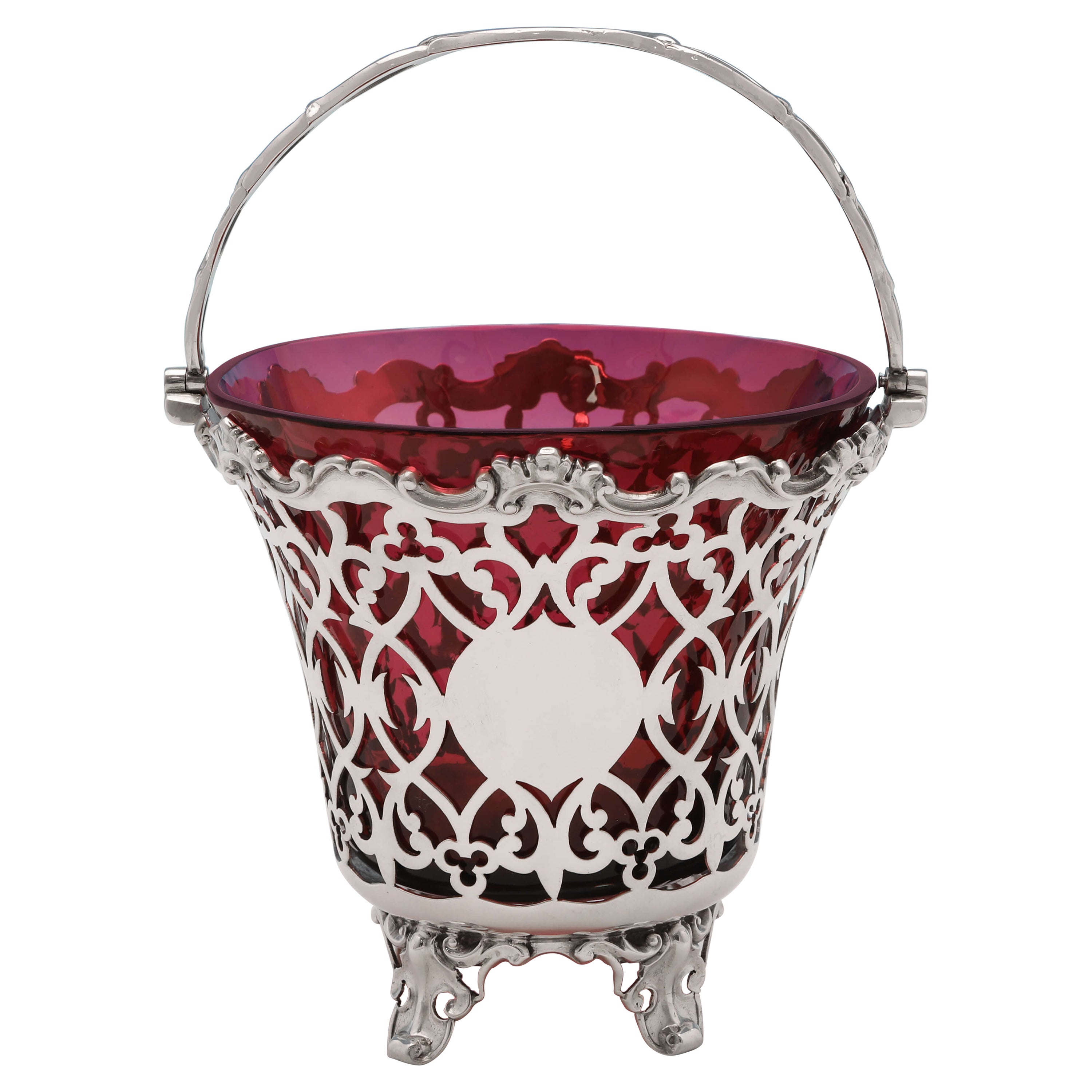 Victorian Sterling Silver Sugar Basket, Ruby Glass, London 1856 