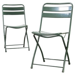 1960's French Army Green Metal Folding Chairs, Pair