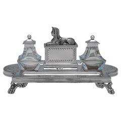 Egyptian Revival Victorian Antique Sterling Silver Ink Stand, Birmingham 1873