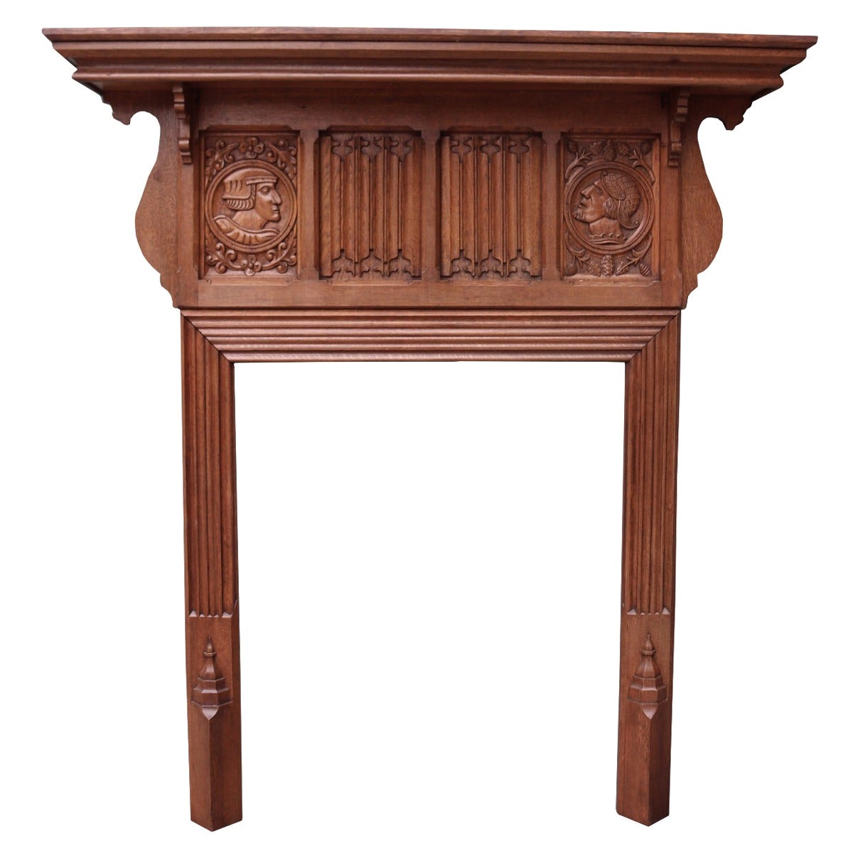 Antique Jacobean Revival Carved Oak Mantel