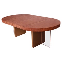 Vladimir Kagan Burl Wood, Bronze, and Lucite Extension Dining Table, Refinished