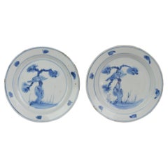 Antique Pair Chinese Porcelain Late Ming 1600-1640 Tianqi Chongzhen Gnarled Pine