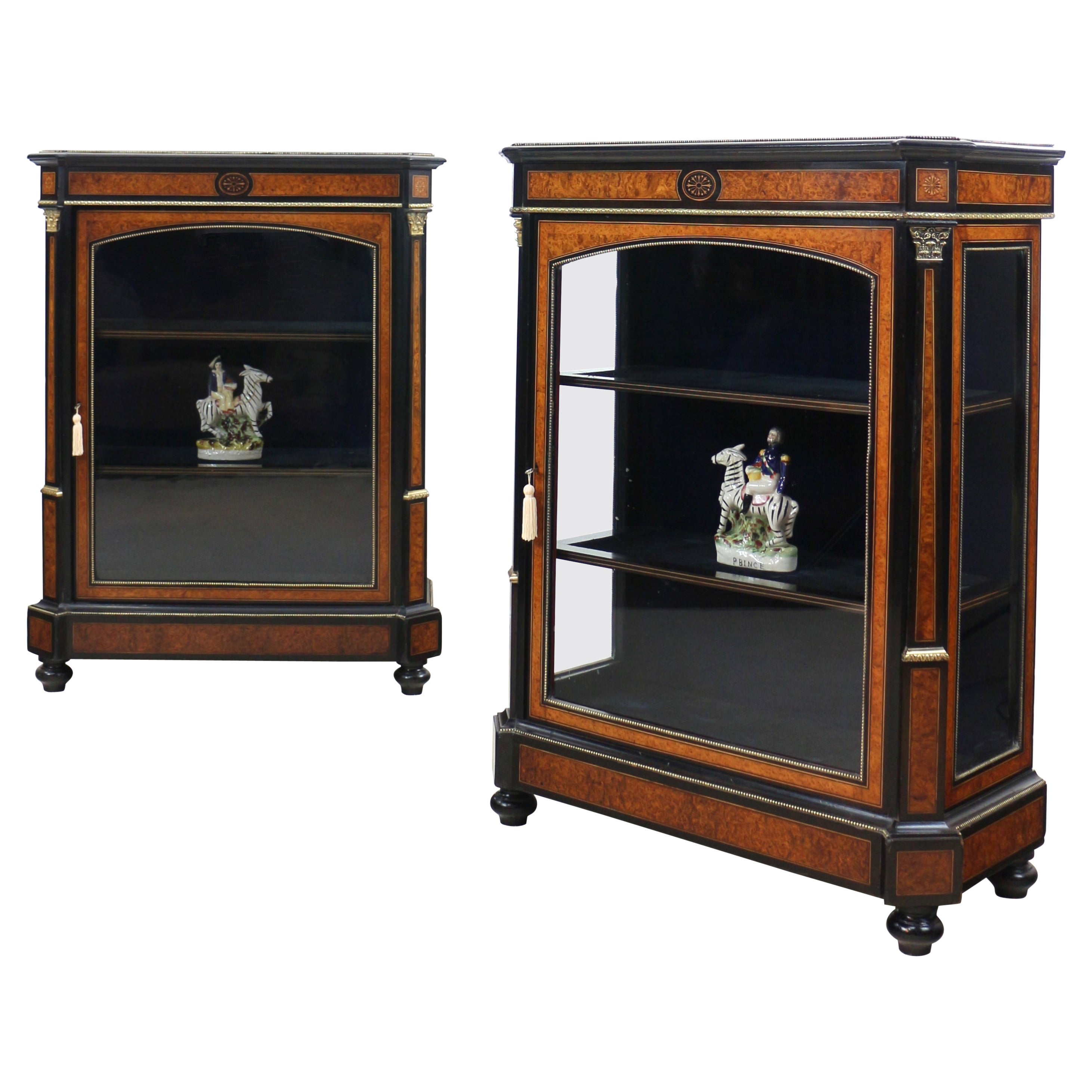 Pair of Victorian Gilt Metal Mounted, Ebonised & Amboyna Pier Display Cabinets