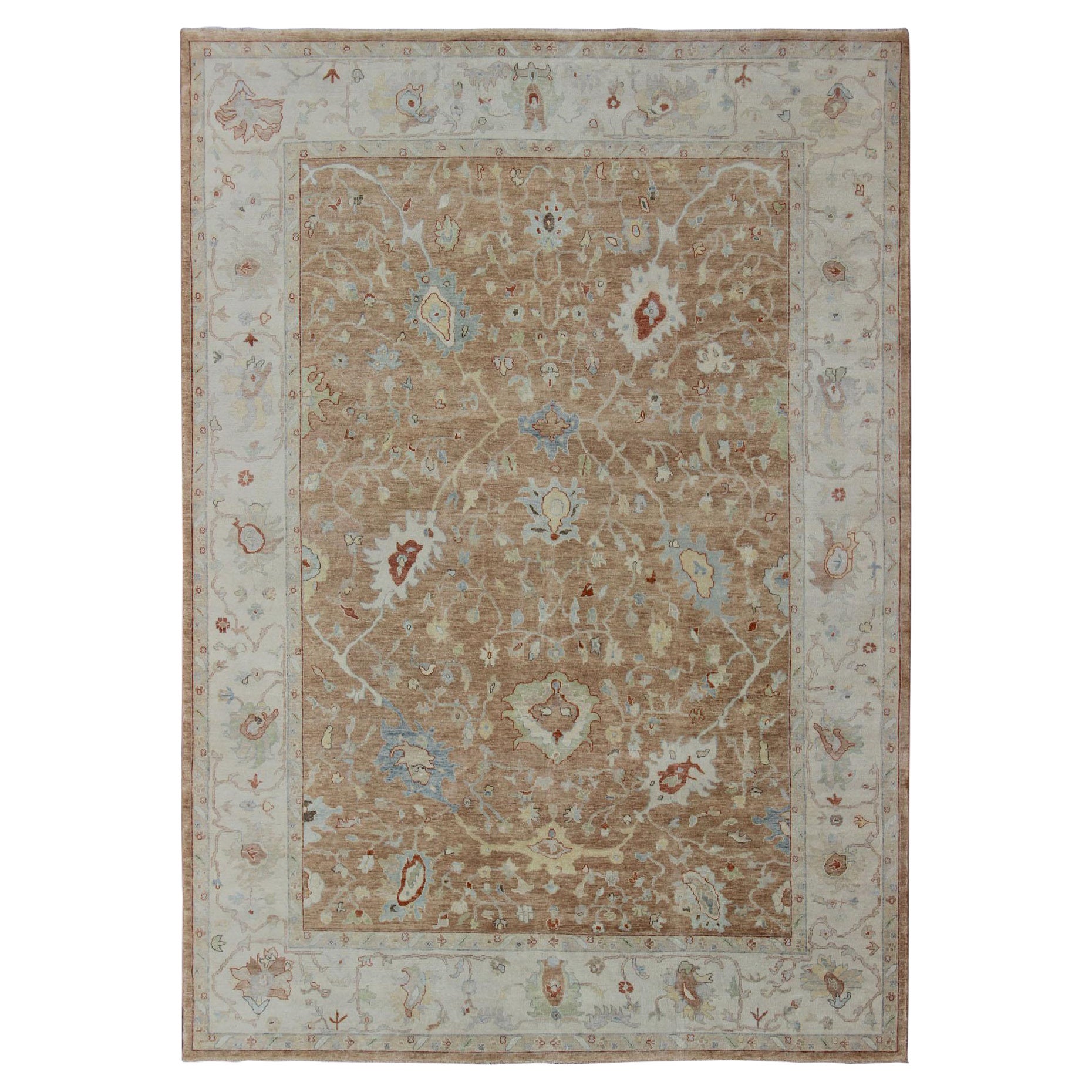 Modern Oushak Muted All-Over Design Rug in Coral, Light Blue, and Cream