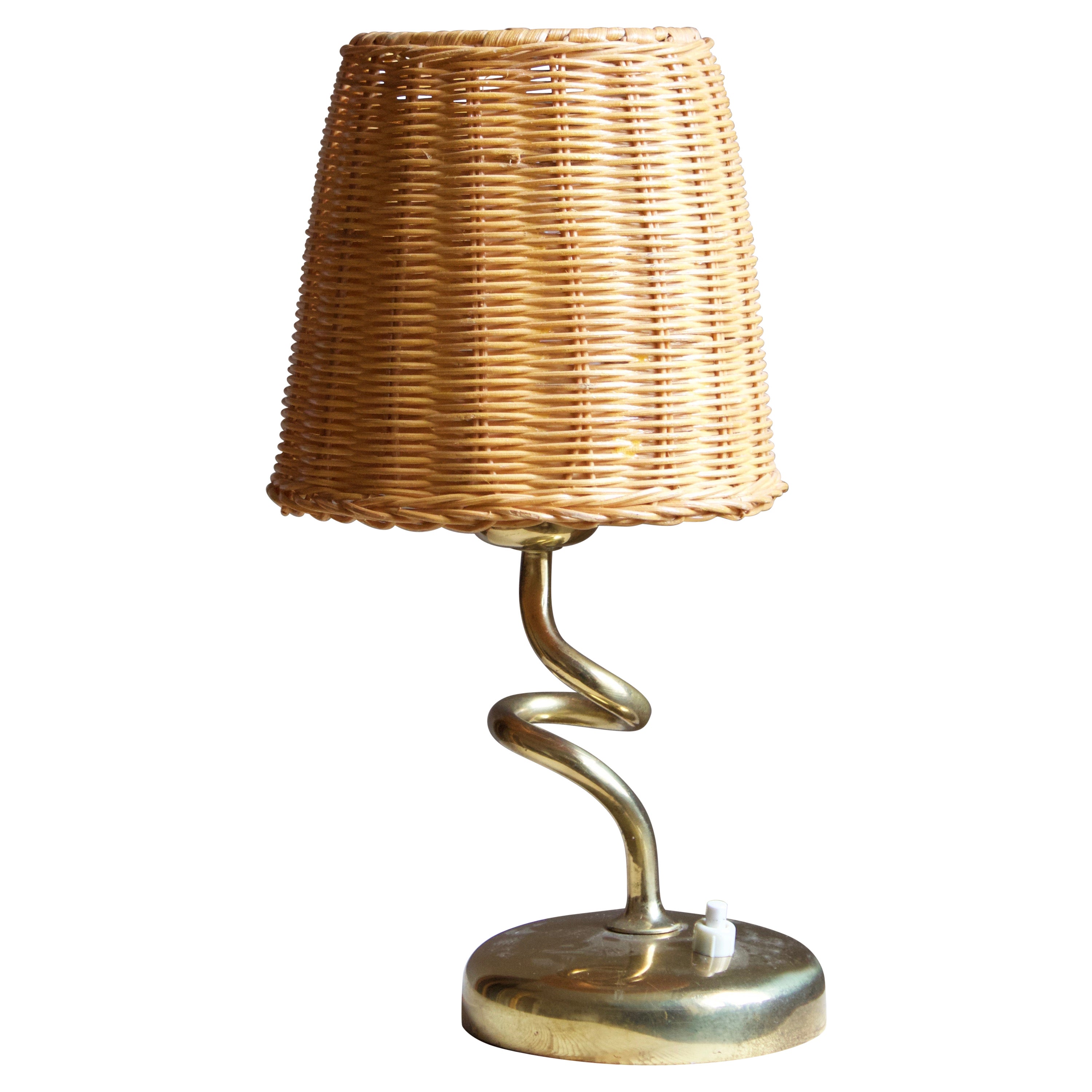 Rupert Nikoll, Freeform Table Lamp, Brass, Rattan, Austria, 1950