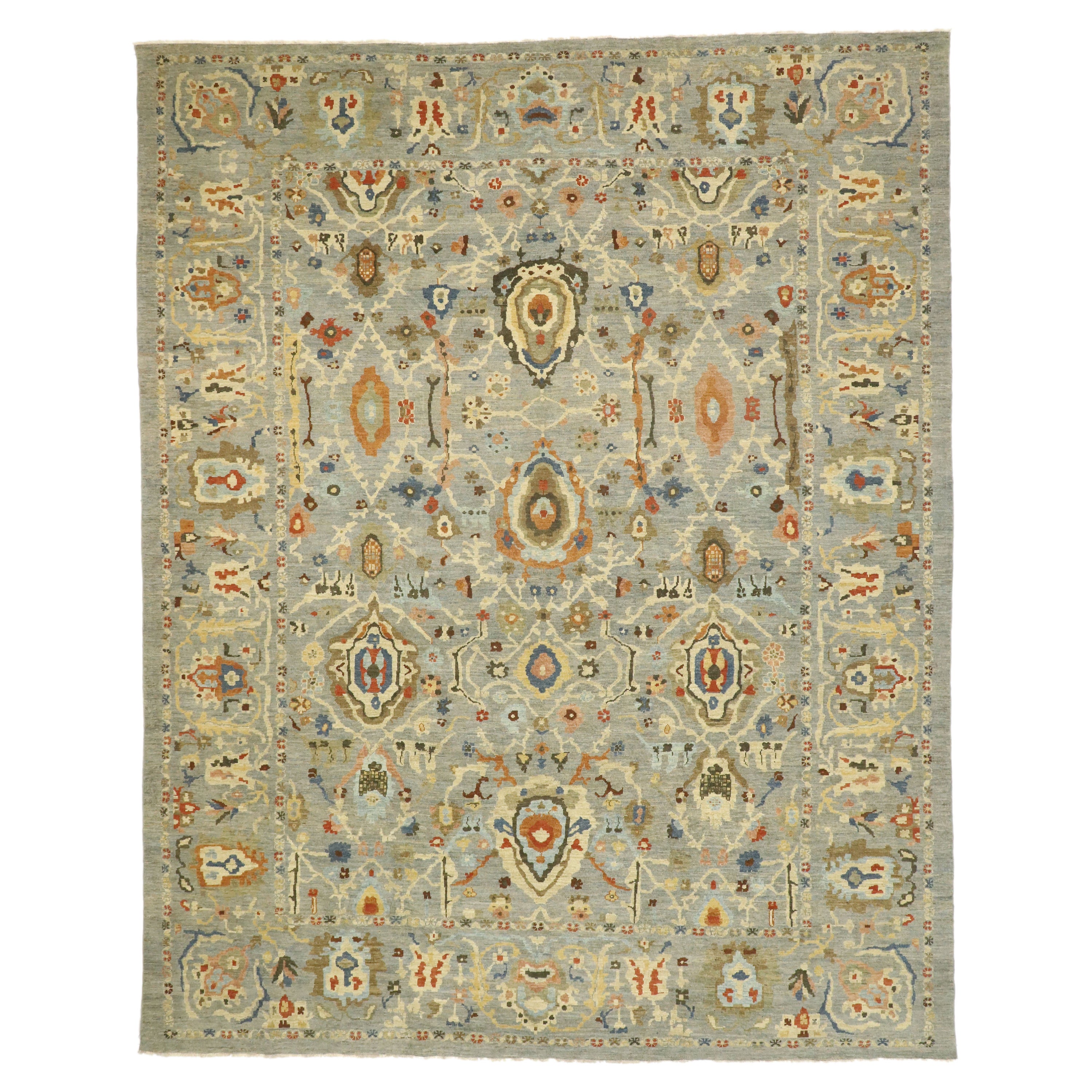 Contemporary GBlue Persian Sultanabad Rug, 12'01 x 15'02 For Sale