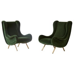 Authentic Marco Zanuso Senior Chairs, Green Velvet, Arflex, Italy, 1960s