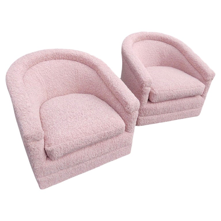 Pair of Blush Pink Shearling Boucle Tub Chairs on Casters Newly