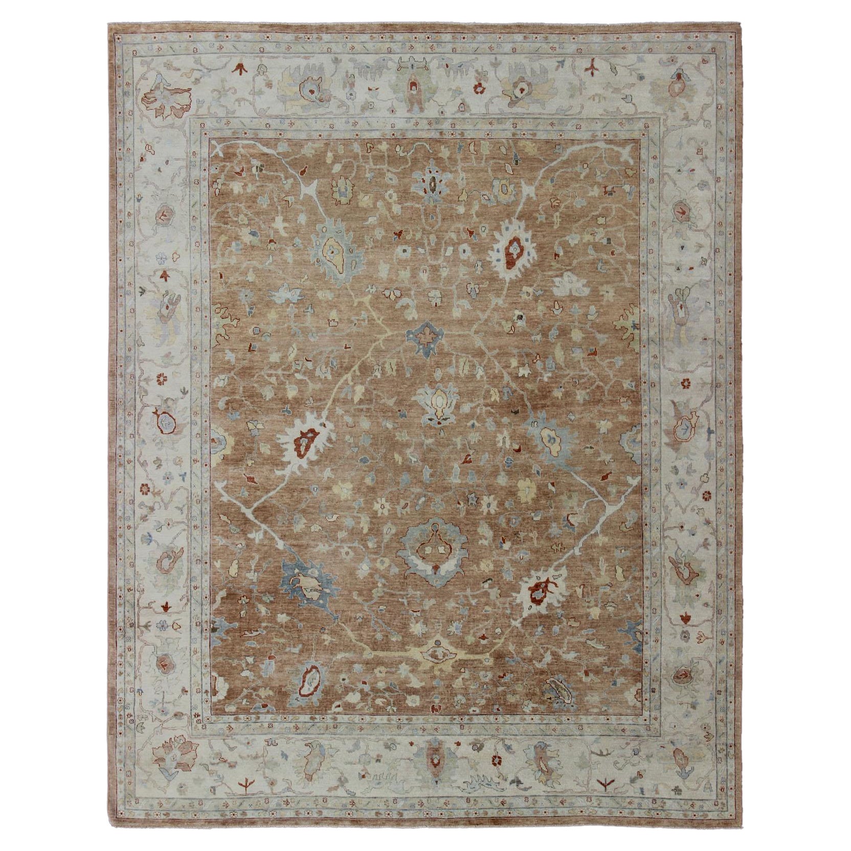 Modern Hand Knotted Oushak Muted Rug in Coral, Light Blue, and Cream For Sale