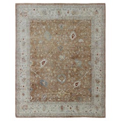 Modern Hand Knotted Oushak Muted Rug in Coral, Light Blue, and Cream