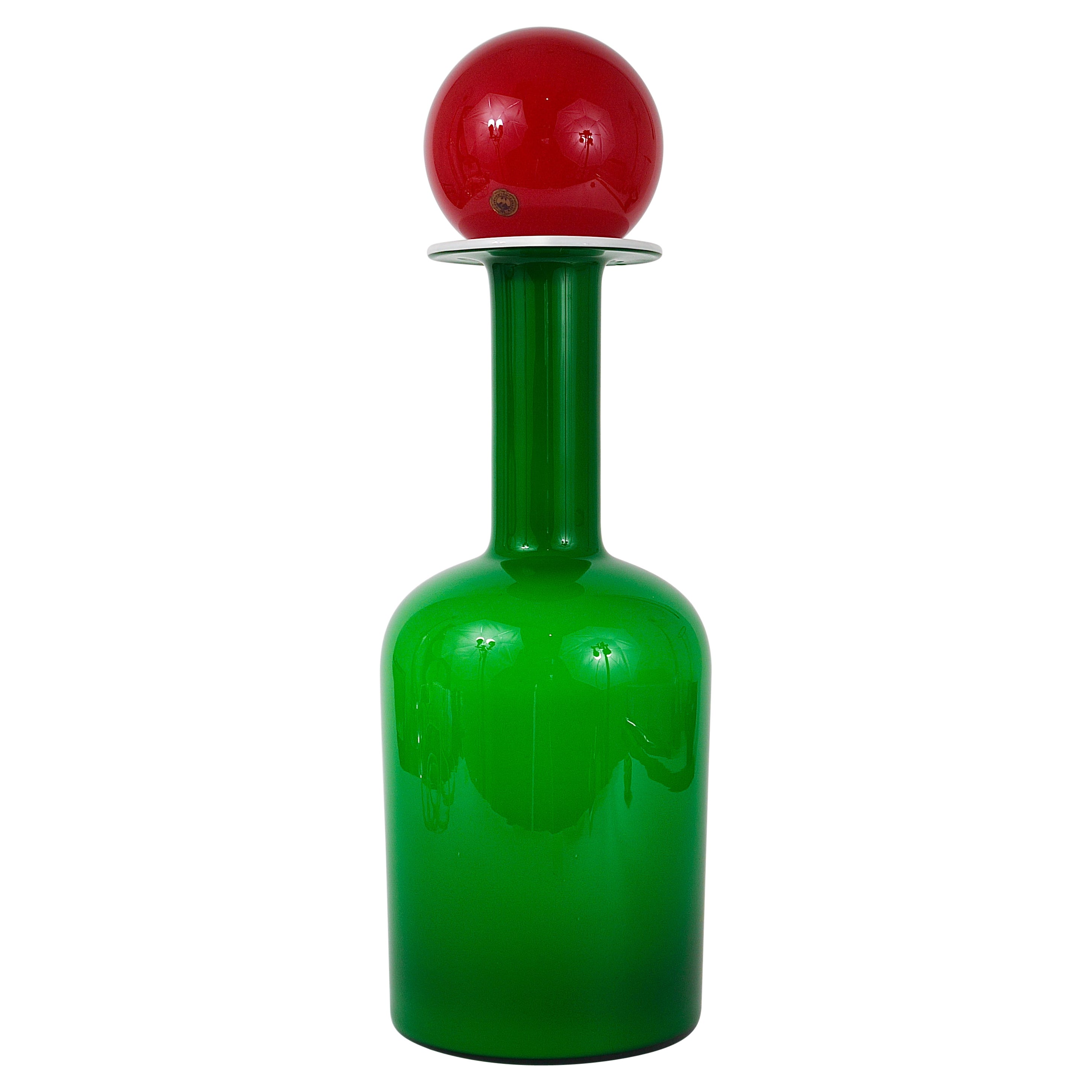 Otto Bauer Gulvase Green and Red Bottle Vase, Holmegaard Kastrup, 1960s